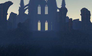 Günbatımında dumanlı, harap bir ibadethane. 3 Boyutlu Hazırlama.