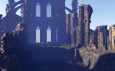 Güneşin doğuşunda dumanlı, harap bir ibadethane. 3 Boyutlu Hazırlama.