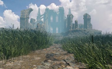 Bulutlu mavi gökyüzünün altındaki sisli kırsalda bir katedralin yıkıntısına giden yol. 3 Boyutlu Hazırlama.