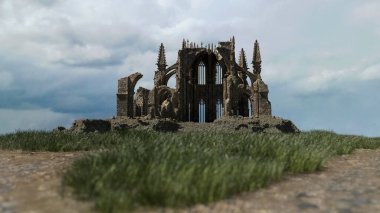 Bulutlu gökyüzünün altında güneşli bir kırsal bölgedeki antik bir katedralin yıkıntısı. 3 Boyutlu Hazırlama.
