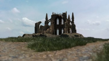 Güneşli kırsal kesimde, mavi bulutlu gökyüzünün altındaki antik bir katedralin yıkıntısı. 3 Boyutlu Hazırlama.