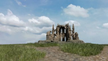 Güneşli kırsal kesimde, mavi bulutlu gökyüzünün altındaki antik bir katedralin yıkıntısı. 3 Boyutlu Hazırlama.