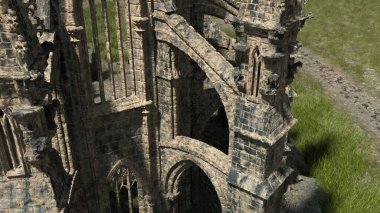 Güneşli kırlarda harap olmuş eski bir katedralin havası. 3 Boyutlu Hazırlama.