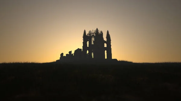 Zniszczona Katedra Wzgórzu Wsi Zachodzie Słońca Renderowanie — Zdjęcie stockowe