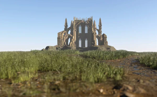 Ruined Cathedral Hill Sunny Countryside Render — Stock Photo, Image