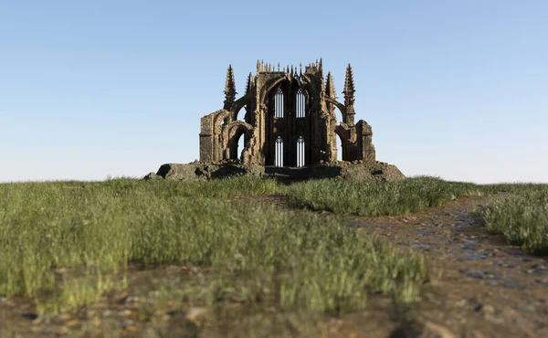Tönkretett Katedrális Egy Dombon Napos Vidéken Renderelés — Stock Fotó