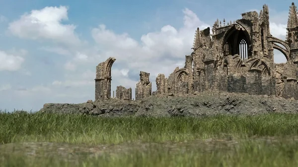 Ruiny Starożytnej Katedry Słonecznej Okolicy Pod Błękitnym Zachmurzonym Niebem Renderowanie — Zdjęcie stockowe