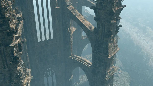 Воздух Древней Полуразрушенной Церкви Тумане Рендеринг — стоковое фото