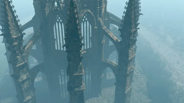 一个古老破败的教堂的空气笼罩在薄雾中 3D渲染 — 图库照片