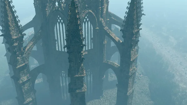 Aérea Una Antigua Iglesia Ruinas Niebla Renderizado — Foto de Stock