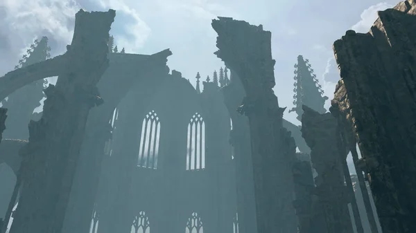 Egy Ősi Lepusztult Templom Ködben Felhős Alatt Renderelés — Stock Fotó