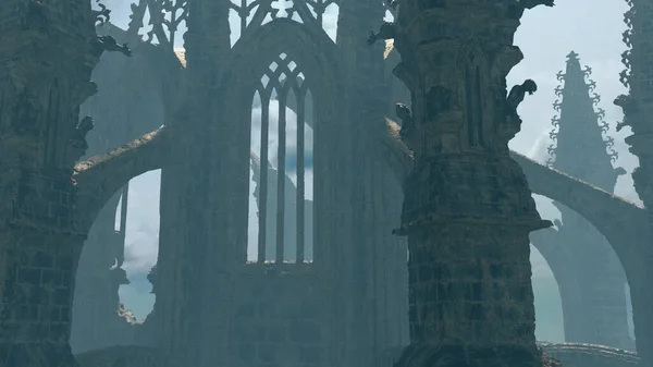 Archi Pilastri Antica Chiesa Fatiscente Nella Nebbia Rendering — Foto Stock