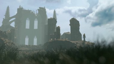 Siyah elbiseli, uzun kızıl saçlı bir kadın sisli, harap olmuş bir katedralde yürüyor. 3 Boyutlu Hazırlama.