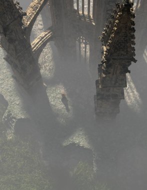 Siyah elbiseli, uzun kızıl saçlı bir kadın sisli, harap olmuş bir katedralde yürüyor. Havadan. 3 Boyutlu Hazırlama.