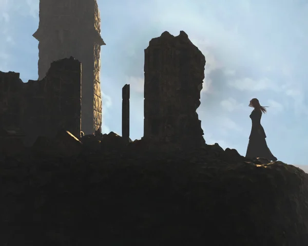 Kobieta Długimi Włosami Czarnej Sukience Spaceruje Starożytnej Ruinie Renderowanie — Zdjęcie stockowe
