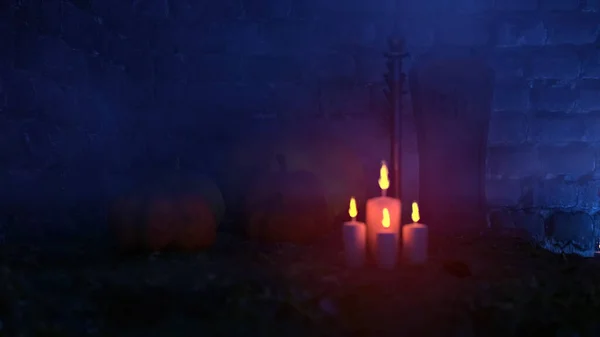 Надгробие Свечами Туманную Ночь Рендеринг — стоковое фото