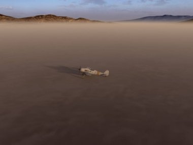 Gün doğumunda sisli ve ıssız bir çölde iki savaş uçağı. 3 Boyutlu Hazırlama.