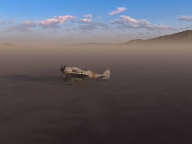 Gün doğumunda sisli ve ıssız bir çölde iki savaş uçağı. 3 Boyutlu Hazırlama.