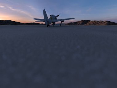 Gün batımında sisli ve ıssız bir çölde iki savaş uçağı. 3 Boyutlu Hazırlama.