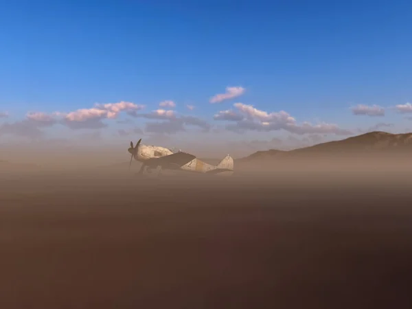 Worldwar Two Fighter Airplane Misty Desolate Desert Sunrise Render — Stock Photo, Image