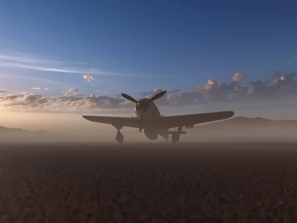 Worldwar Two Fighter Airplane Misty Desolate Desert Sunrise Render — Stock Photo, Image