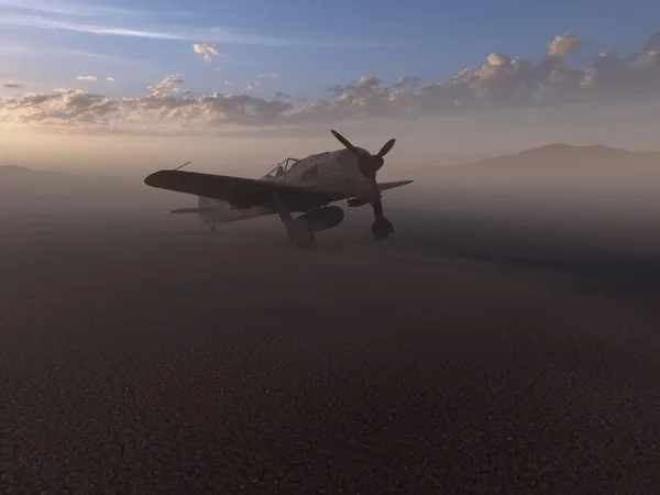 Worldwar Two Fighter Airplane Misty Desolate Desert Sunrise Render — Photo