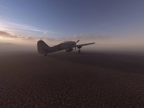 Worldwar Two Fighter Airplane Misty Desolate Desert Sunrise Render — Photo