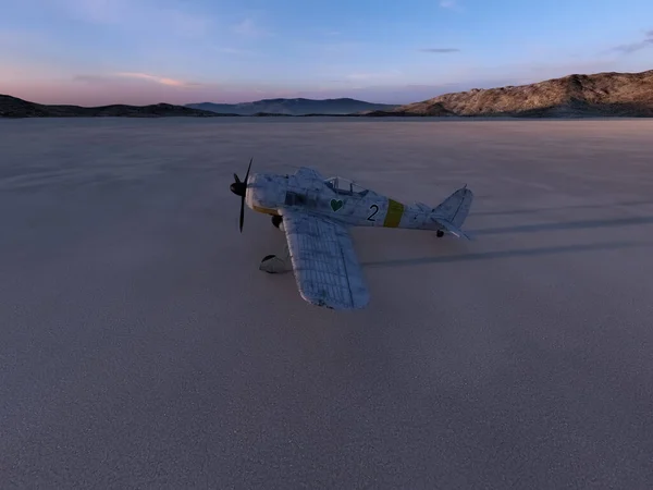 Worldwar Two Fighter Airplane Misty Desolate Desert Dusk Render — стоковое фото