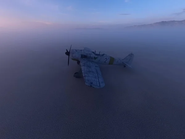 Avião Caça Worldwar Dois Deserto Desolado Nebuloso Entardecer Renderização — Fotografia de Stock