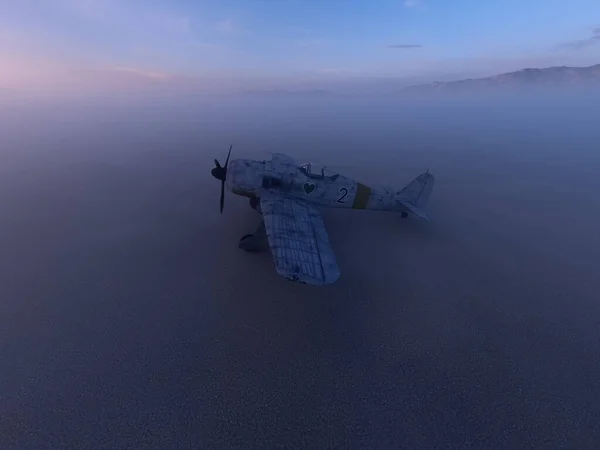 Worldwar Two Fighter Airplane Misty Desolate Desert Dusk Render — стоковое фото