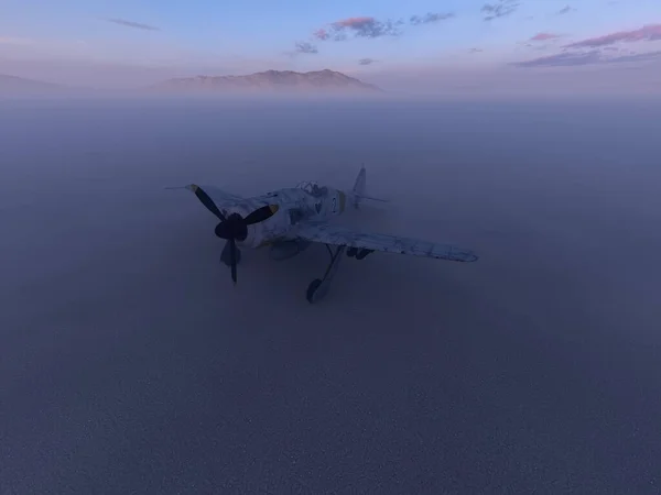 Worldwar Two Fighter Airplane Misty Desolate Desert Dusk Render — стоковое фото