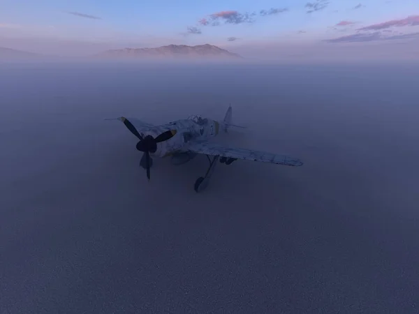 Worldwar Two Fighter Airplane Misty Desolate Desert Dusk Render — Photo