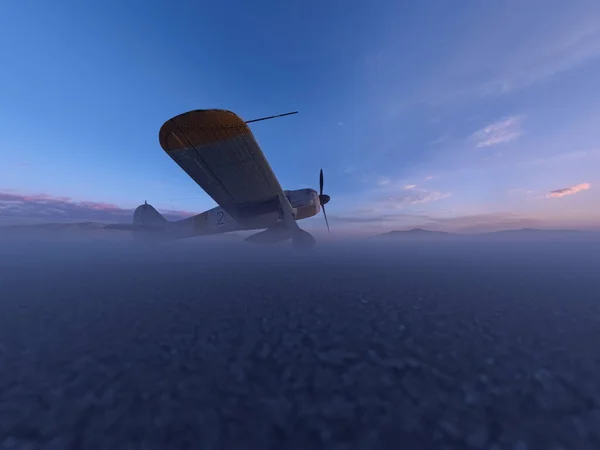 Worldwar Two Fighter Airplane Misty Desolate Desert Dusk Render — Zdjęcie stockowe