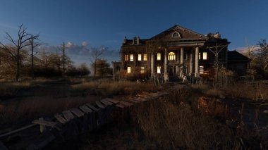 Eerie dilapidated historic manor with illuminated windows at dawn. 3D render.