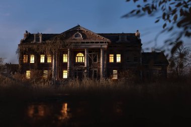 Eerie dilapidated historic manor with illuminated windows at dawn. 3D render.