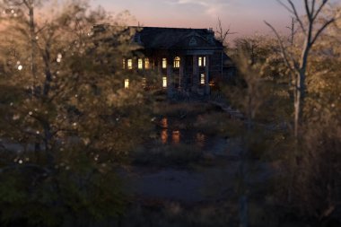 Eerie dilapidated historic manor with illuminated windows at dawn. 3D render.