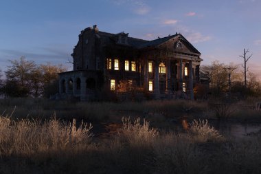 Eerie dilapidated historic manor with illuminated windows at dawn. 3D render.