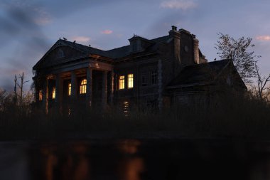 Eerie dilapidated historic manor with illuminated windows at dawn. 3D render.