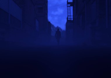 Karanlık çöktüğünde sisli, terk edilmiş bir sokakta kapüşonlu gizemli bir adam yürüyor. 3 Boyutlu Hazırlama.