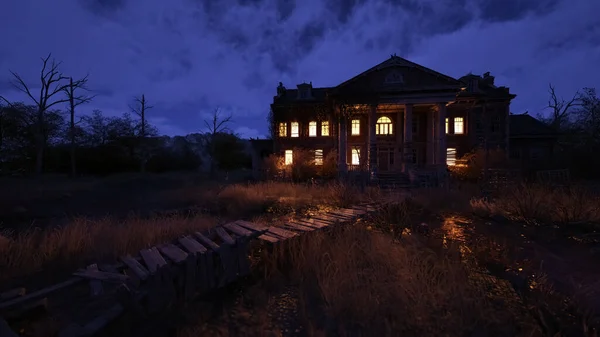 Eerie Dilapidated Historic Manor Illuminated Windows Twilight Render — Photo