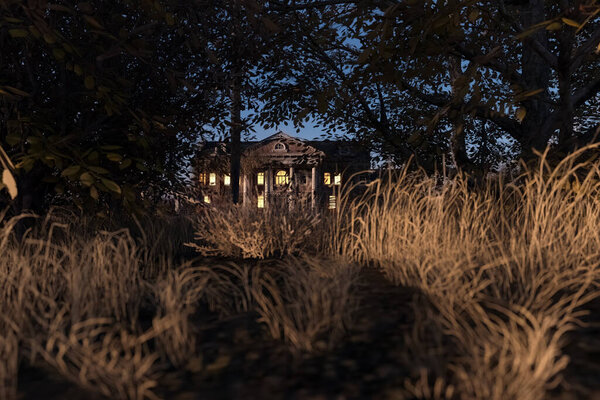 Eerie dilapidated historic manor with illuminated windows at dawn. 3D render.