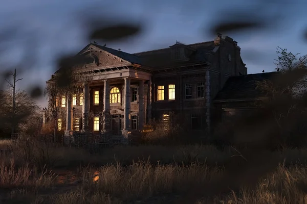 Gespenstisch Heruntergekommenes Historisches Herrenhaus Mit Beleuchteten Fenstern Morgengrauen Renderer — Stockfoto
