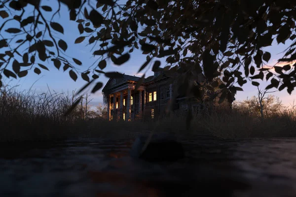 Eerie Vervallen Historisch Landhuis Met Verlichte Ramen Bij Dageraad Weergave — Stockfoto