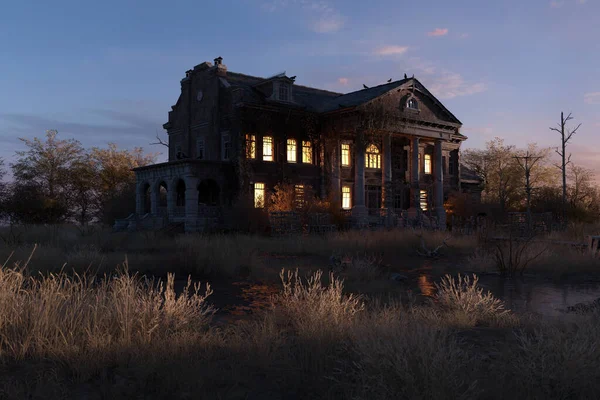 Gespenstisch Heruntergekommenes Historisches Herrenhaus Mit Beleuchteten Fenstern Morgengrauen Renderer — Stockfoto