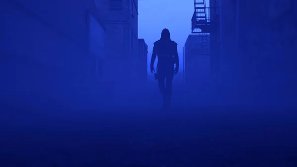 Misterioso Uomo Felpa Cammina Vicolo Urbano Abbandonato Nebbioso Crepuscolo Rendering — Foto Stock