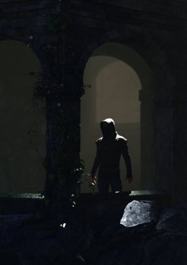 Kapüşonlu adam sisli bir kulede antik bir kalenin kemerleriyle duruyor. 3 Boyutlu Hazırlama.