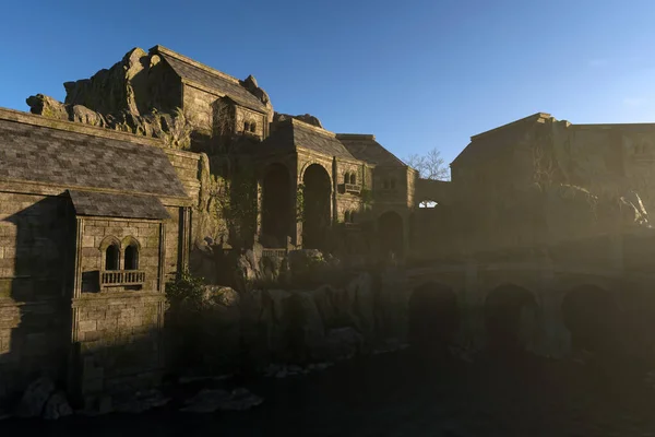 古老的城堡 在雾蒙蒙的日出时 桥上布满了岩石 3D渲染 — 图库照片