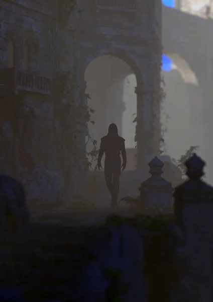 Egy Kapucnis Férfi Sétál Egy Borostyánnal Benőtt Ősi Ködös Kastélyban — Stock Fotó