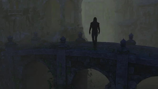 Egy Kapucnis Férfi Áll Egy Ősi Ködös Kastély Hídján Nagy — Stock Fotó