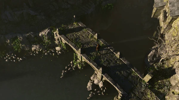 Man Hoodie Walks Bridge Ancient Castle Morning Sunlight Aerial View — Stock Photo, Image